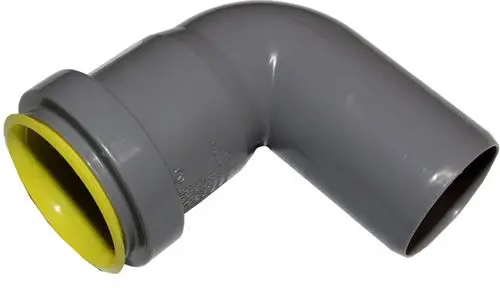 Grauer Bogen aus Polypropylen mit 87-Grad-Winkel, geeignet für Rohrverbindungen. Sichtbar sind das gelbe Dichtungsstück und die Marke Wolf auf dem Produkt.